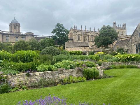       Manicured lawns and flowering borders in Christ Church College garden with historic buildings behind.
  