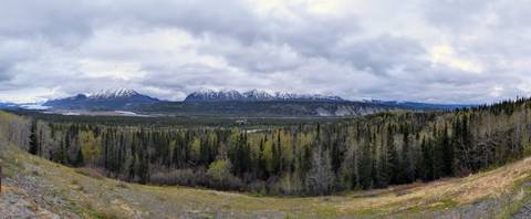      Panoramic view across dense evergreen forest toward rugged snow-streaked mountain range beneath brooding clouds.
  