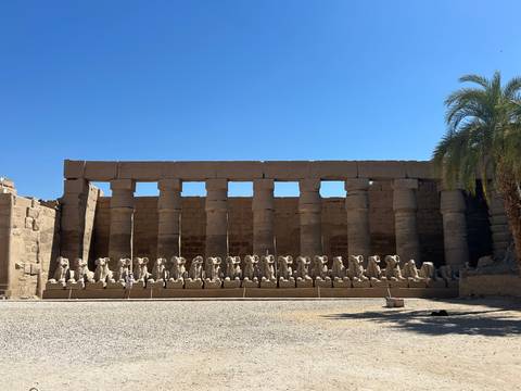       Ram-headed sphinx statues line the entrance to Karnak Temple beneath a clear sky.
  