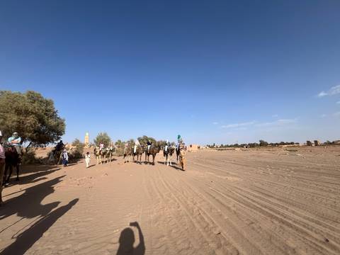       A distant view of a camel caravan heading out from a village across flat sandy ground.
  