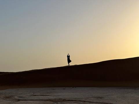       A single figure practices yoga atop a dune silhouetted against a pastel sunrise sky.
  