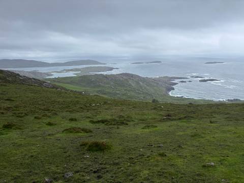       Wide view of rugged Irish coastline with rolling green hills and offshore islets under a grey sky.
  