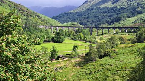       Lush Highland valley view of the Glenfinnan Viaduct curving through forest and meadows.
  