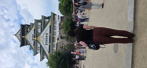       Rear view of a woman looking up at Osaka Castle while crowds gather in the courtyard.
  