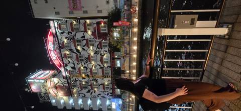       Woman leaning on a bridge railing looking at a brightly lit patterned hotel facade in Osaka at night.
  
