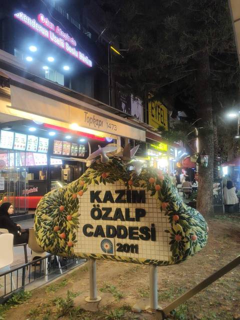      Nighttime street scene with fast-food signs and illuminated Topkapi 1473 monument
  