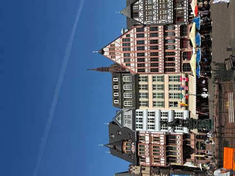       Colorful historic timber-frame houses lining Römerberg square under a clear blue sky in Frankfurt
  