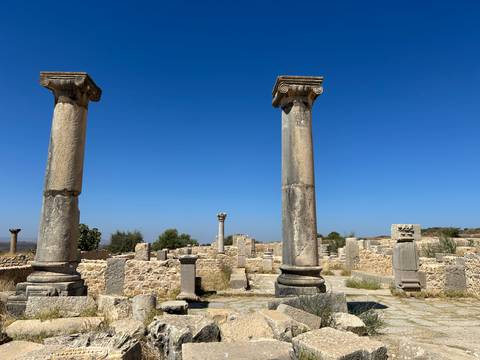      Ancient Roman columns and scattered stone ruins stand beneath a deep blue Moroccan sky at Volubilis.
  
