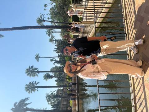       Two travellers standing beside a tranquil palace garden pond under tall palm trees on a bright day.
  