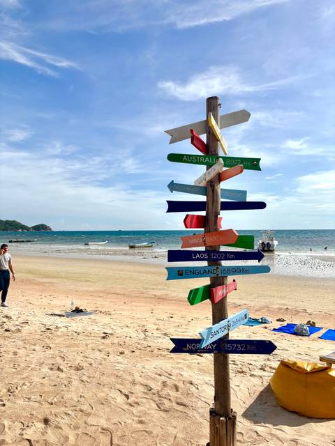       Colourful wooden arrows point to far-flung destinations on a quiet tropical beach.
  