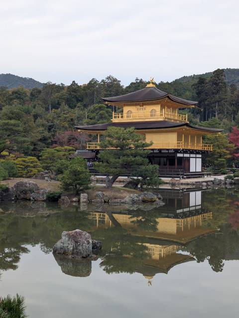       Golden Pavilion (Kinkaku-ji) reflected in a tranquil pond amid autumn trees in Kyoto.
  