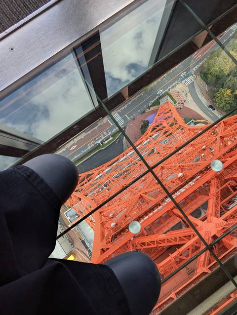       Looking through the glass floor of an observation deck down the bright orange lattice of Tokyo Tower.
  