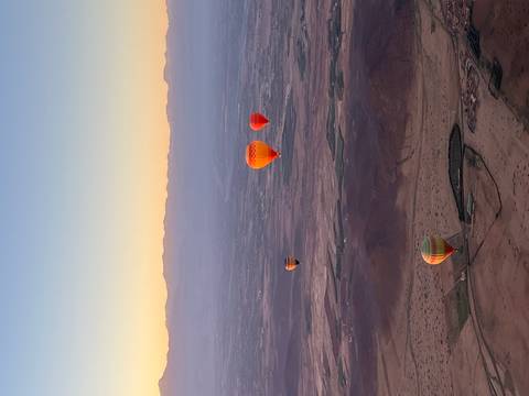       Multiple colorful hot-air balloons drift above a vast desert plain with distant mountain range at sunrise
  