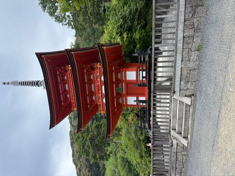       Striking three-tiered red pagoda stands amid green hillside trees.
  