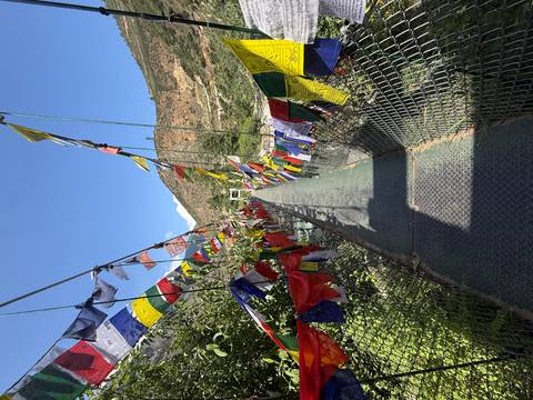       Long suspension bridge draped with colourful prayer flags stretching toward a mountain hillside
  