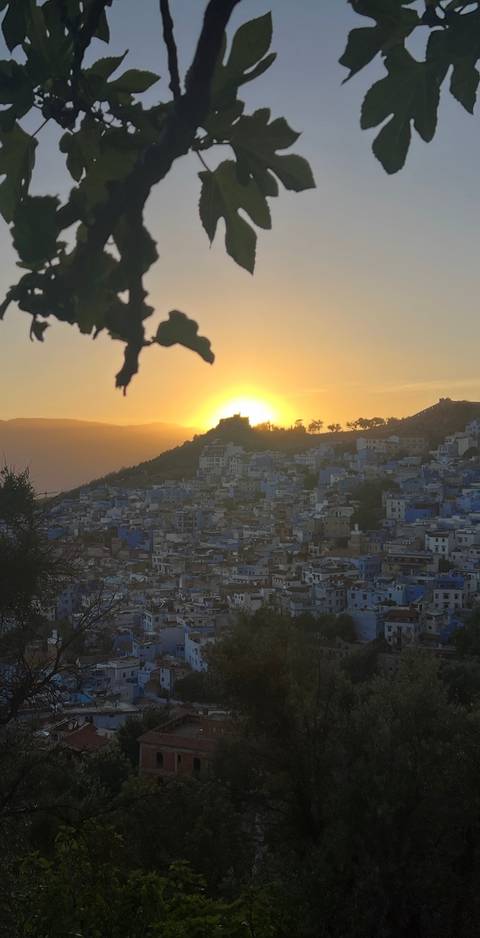       Duplicate view of Chefchaouen at sunset with warm glow over blue houses.
  