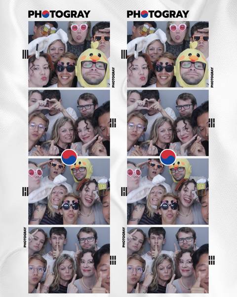       A fun photo-booth collage shows friends making faces and wearing playful props and stickers.
  