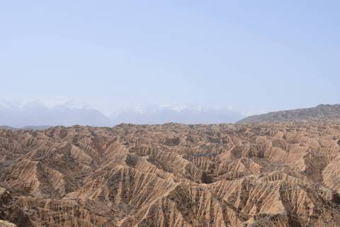       Vast badlands landscape with eroded ridges and distant snowy Tian Shan peaks under hazy sky
  