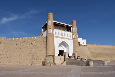       Ark fortress gatehouse in Bukhara with blue sky backdrop and expansive plaza
  