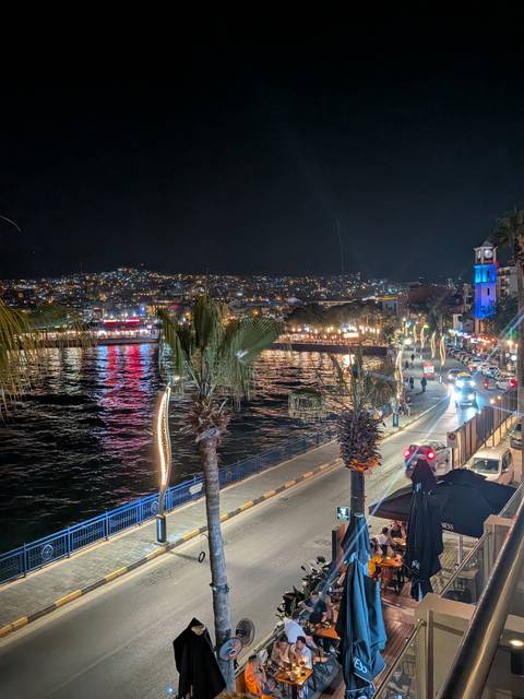       Nighttime waterfront scene with city lights reflecting on the water and palm-lined promenade bustling with traffic
  