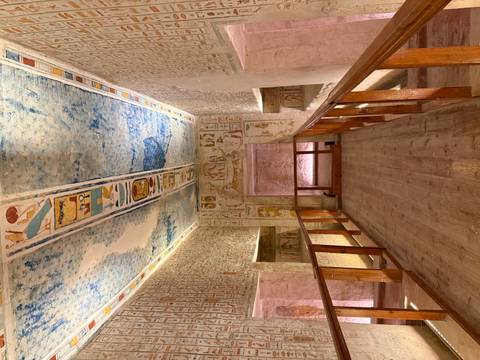       Intricately painted corridor inside an ancient Egyptian tomb
  