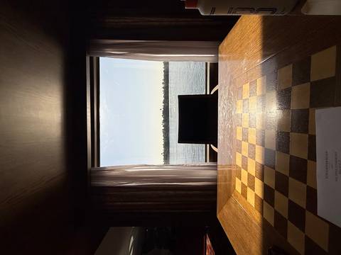       Chessboard table and chair silhouetted against a large window overlooking the calm Nile River.
  