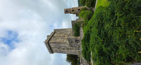       Tall stone Blarney Castle tower rising above green gardens and shrubs under a partly cloudy sky.
  