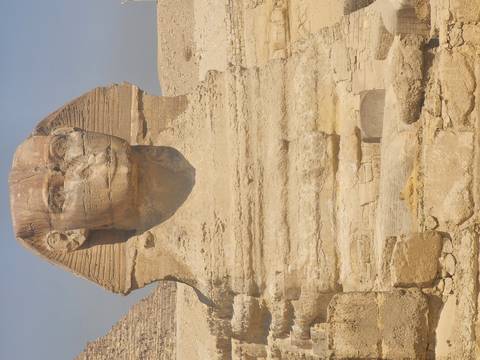       Close view of the Great Sphinx of Giza bathed in warm sunlight
  