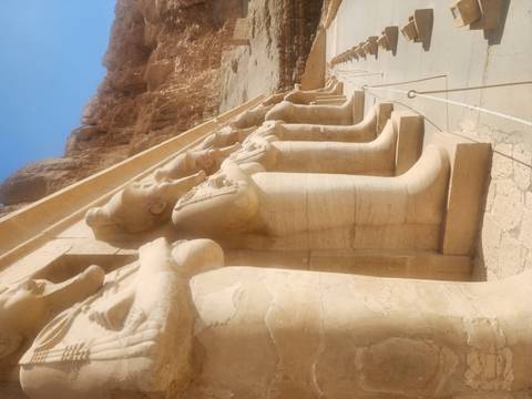       Row of seated statues at the Mortuary Temple of Hatshepsut under blue sky
  