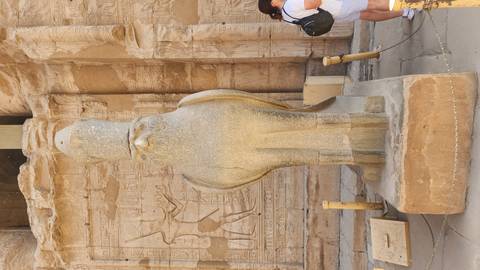       Granite falcon statue of Horus standing before carved temple walls at Edfu
  