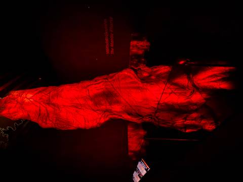      Indoor exhibit of a towering red-lit model representing volcanic magma inside a dark museum hall
  