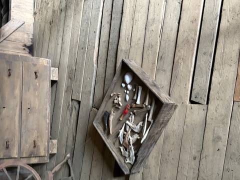       Wooden box of assorted animal bones and artefacts on rough timber floorboards in a rustic hut
  