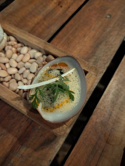       Gourmet seafood dish served in a shell with foam and herbs, placed on beans.
  