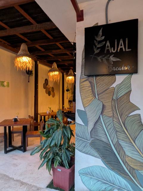       Cozy café interior with wooden tables, woven lamps and leafy wall mural.
  