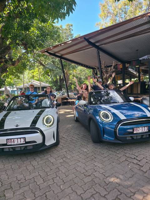       Group celebrates beside two colourful Mini convertibles under tropical trees
  