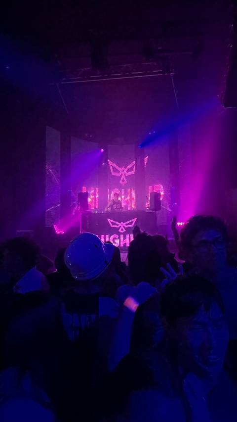       DJ performing on a neon-lit nightclub stage with purple lighting and dancing crowd in foreground
  