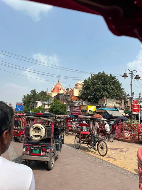       Busy Indian street scene with colorful signboards, electric wires and distant temple spires.
  