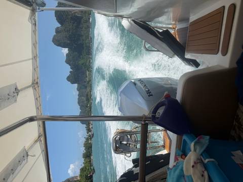       A speedboat motors across turquoise water, leaving a white wake with dramatic limestone cliffs ahead.
  