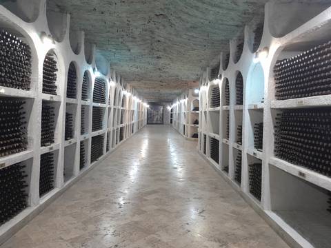       A long underground wine cellar corridor lined floor-to-ceiling with aging bottles disappears into the distance.
  