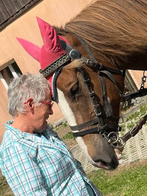       Older woman affectionately touching foreheads with a brown carriage horse fitted with tack and a red ear bonnet outside a building.
  