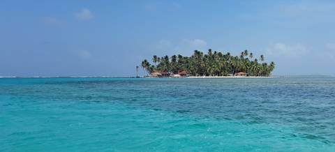       Tiny palm-covered island surrounded by bright turquoise Caribbean water under blue sky.
  