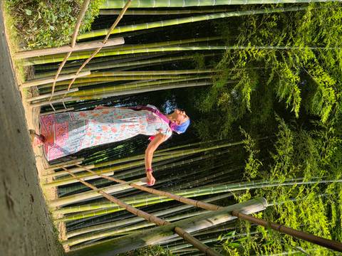       Woman gazes upward among soaring bamboo stalks in a serene forest path.
  