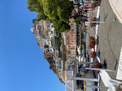       Colourful terraced houses cascaded down the steep cliffs of Positano with beach kiosks and flowers in the foreground.
  