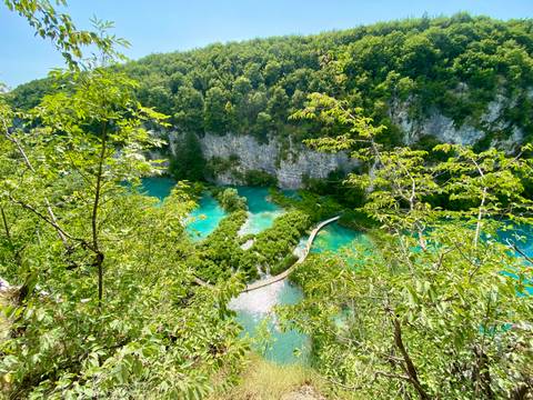       High viewpoint over vivid turquoise lakes connected by winding boardwalks surrounded by lush forest in Plitvice.
  