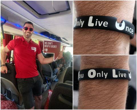      Collage showing a tour leader on a coach with a playful sign and close-ups of YOLO wristbands
  