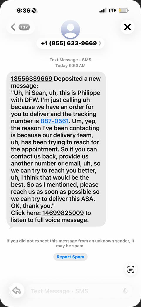       Screenshot of a mobile phone text conversation displaying a tracking number and delivery message.
  