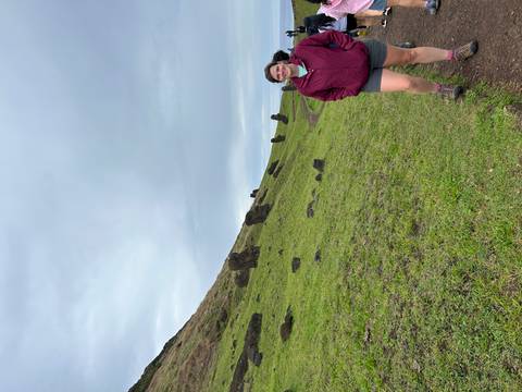       Visitor walks past partially buried Moai statues on a green hillside under an overcast sky on Easter Island.
  