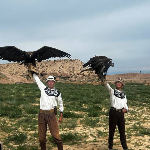       Two eagle hunters in traditional attire hold golden eagles aloft on a grassy plain.
  