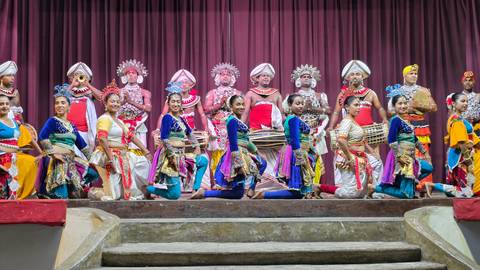       A vibrant troupe of Sri Lankan traditional dancers in colourful costumes posing on a theatre stage.
  