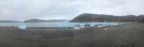       Blue icebergs lie scattered on a black sand beach below a distant glacier tongue.
  